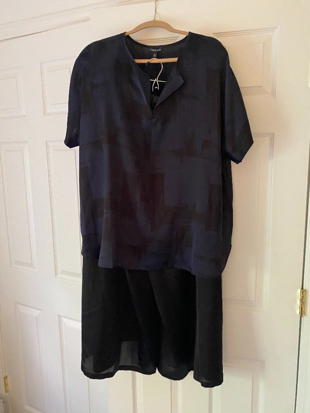 Eileen Fisher Ink blue silk top and pants set